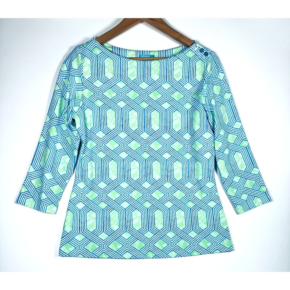 J McLaughlin Top Medium Blue Green Geometric Print Stretch Knit Preppy‎ Resort